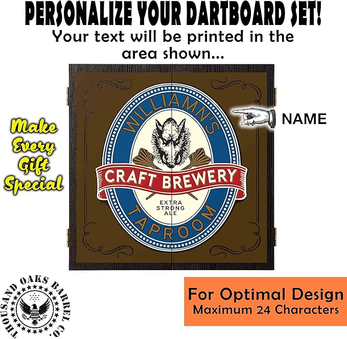 THOUSAND OAKS BARREL CO. | Personalized Dartboard & Cabinet Set with 6 Steel Tip Darts