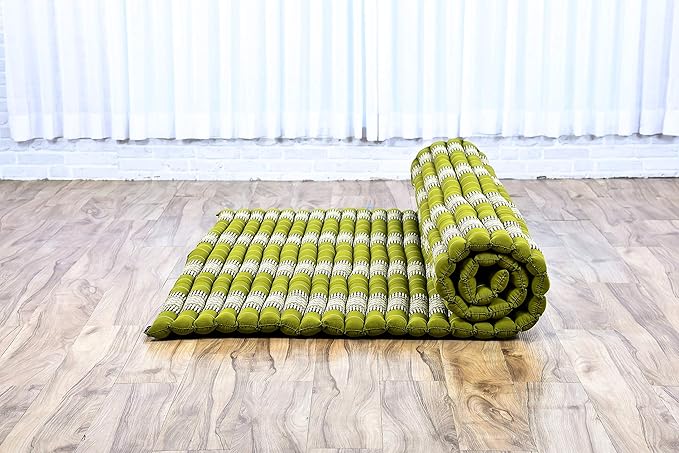 Leewadee - Foldable Floor Mattress - Japanese Roll Up Futon -Trifold Tatami Mat- Guest Floor Bed - Camping Mattress - Thai Massage Mat, Kapok Filled, 75 x 57 inches, Green