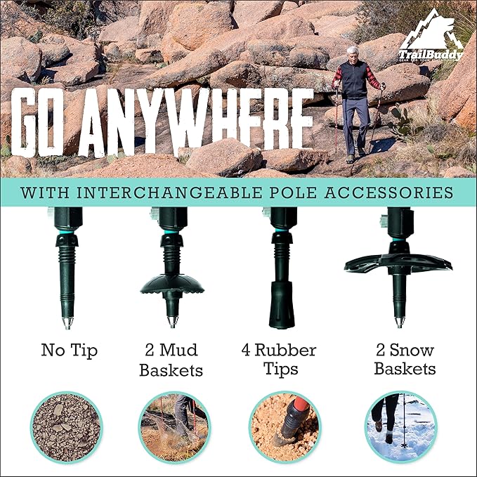 TrailBuddy Trekking Poles - Lightweight, Collapsible Hiking Poles for Snowshoe & Backpacking Gear - Pair of 2 Walking Sticks for Hiking, 7075 Aluminum with Cork Grip