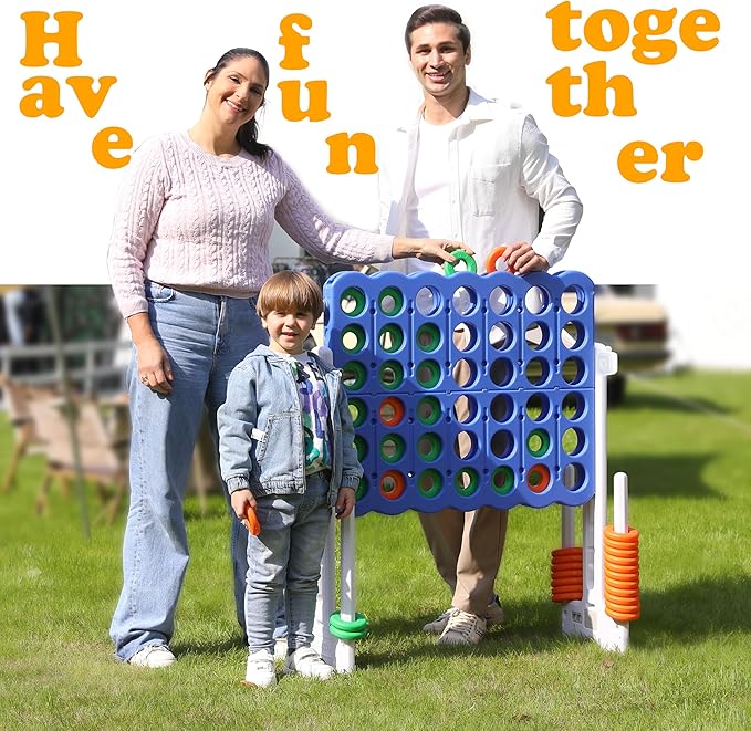 SDADI Height-Adjustable Giant 4-in-a-Row Game, 2-in-1 Jumbo 4-to-Score & Ring Toss Set, Indoor/Outdoor Yard Party Toy for Kids, Adults & Family, White