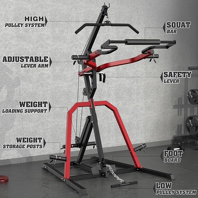 DONOW Leverage Gym Power Rack Squat Rack Lever Gym with LAT Low Row System Home Gym System Workout Station 2:1 Ratio (Without Weight Plates)