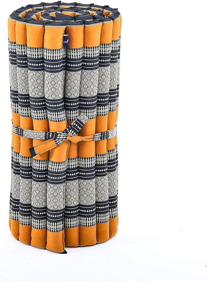 Leewadee - Foldable Floor Mattress - Japanese Roll Up Futon -Trifold Tatami Mat- Guest Floor Bed - Camping Mattress - Thai Massage Mat, Kapok Filled, 75 x 28 inches, Black Orange
