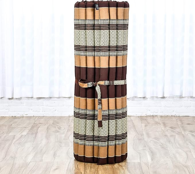Leewadee - Kapok Roll Mat – Handcrafted Folding Sleep & Relaxation Mattress from Thailand, Ideal as Guest Bed, Camping Mat, Yoga Mat or Traditional Futon, 75 x 39 inches, Brown