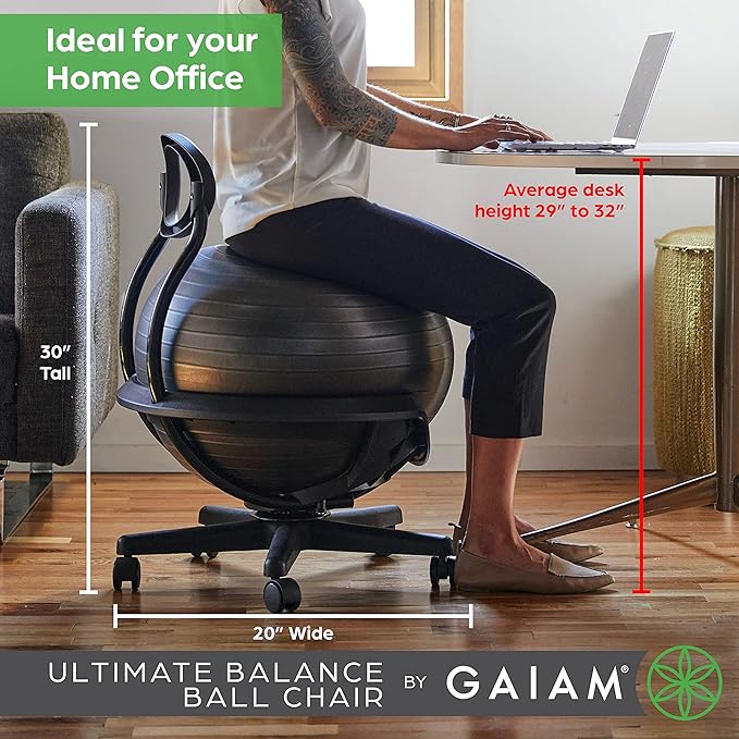 Gaiam Ultimate Balance Ball Chair (Standard or Swivel Base Option) - Premium Exercise Stability Yoga Ball Ergonomic Chair for Home and Office Desk - 52cm Anti-Burst Ball, Air Pump, Exercise Guide