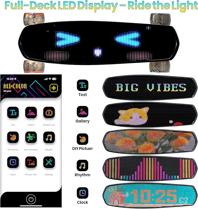 Pixel Mini Electric Skateboard with Remote, 2 × 600W Motors, 28Mph Top Speed, 4 Speed Smooth Braking, Suitable for Adults and Teens Beginners, LED Screen Electric Skateboards