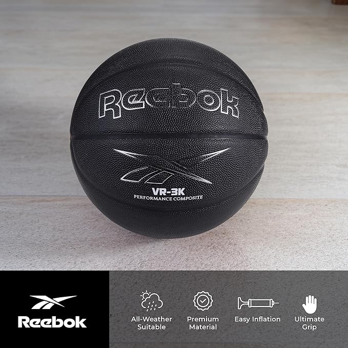 Reebok Official Size Basketball, Composite Leather, Anti-Slip Grip, Consistent Shape Retention, Includes Pump & Needle, VR-3K Black Series