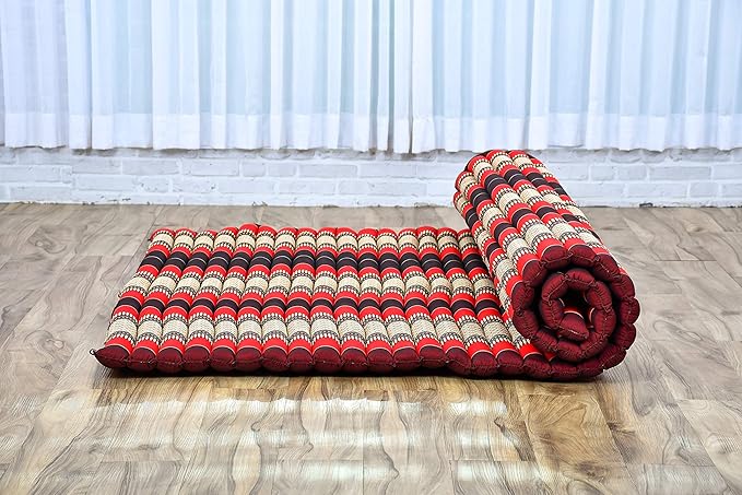 Leewadee - Foldable Floor Mattress - Japanese Roll Up Futon -Trifold Tatami Mat- Guest Floor Bed - Camping Mattress - Thai Massage Mat, Kapok Filled, 75 x 57 inches, Red