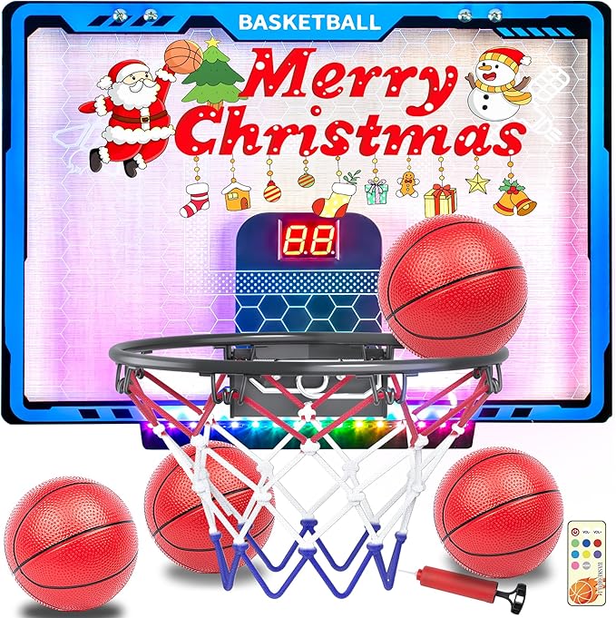 Awsoo Mini Basketball Hoop for Kids,Indoor Basketball Hoop with4 Basketballs, Colorful LED and Scoreboard, Mini Hoop Toys for 5 6 7 8 9 10 11 12 Year Old Boys Girls (Blue)