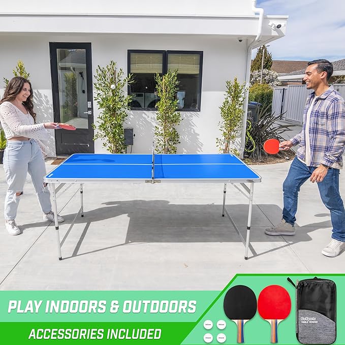 GoSports 6 x 3 ft Mid-Size Table Tennis Table Set with Adjustable Height - Green or Blue
