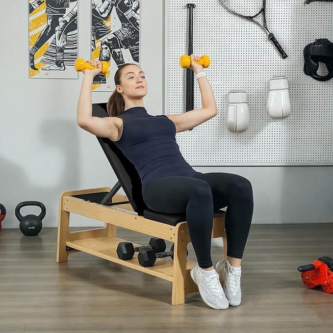 Soozier Adjustable Weight Bench with Dumbbell Rack, Wooden Workout Bench, Flat or Incline Bench for Home Gym Weight Lifting Training