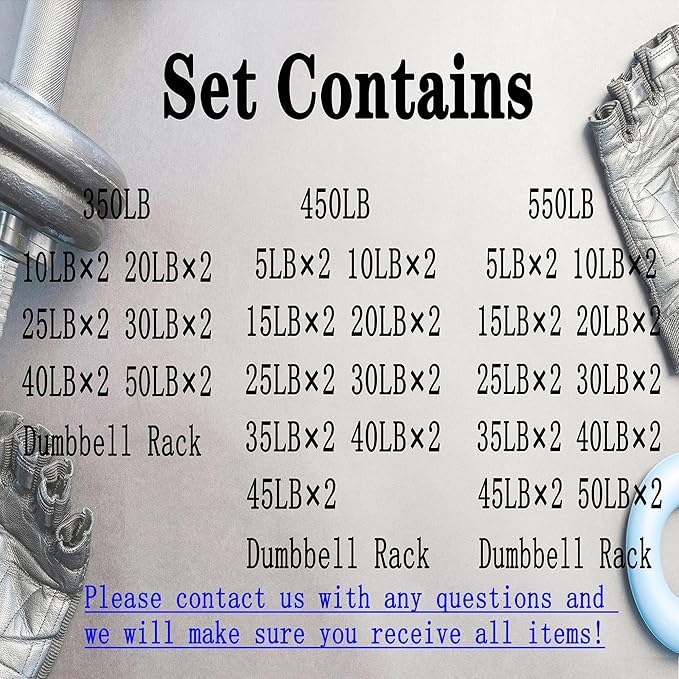 550LB 450LB 350LB Dumbbell Set with Rack Rubber Hex Weights for Home Gym Durable Construction Convenient Storage Space Saving Design Complete Weight Set Barbell Coated for Exercise Training