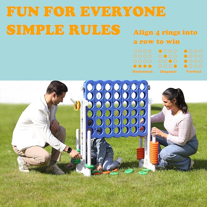 SDADI Height-Adjustable Giant 4-in-a-Row Game, 2-in-1 Jumbo 4-to-Score & Ring Toss Set, Indoor/Outdoor Yard Party Toy for Kids, Adults & Family, White