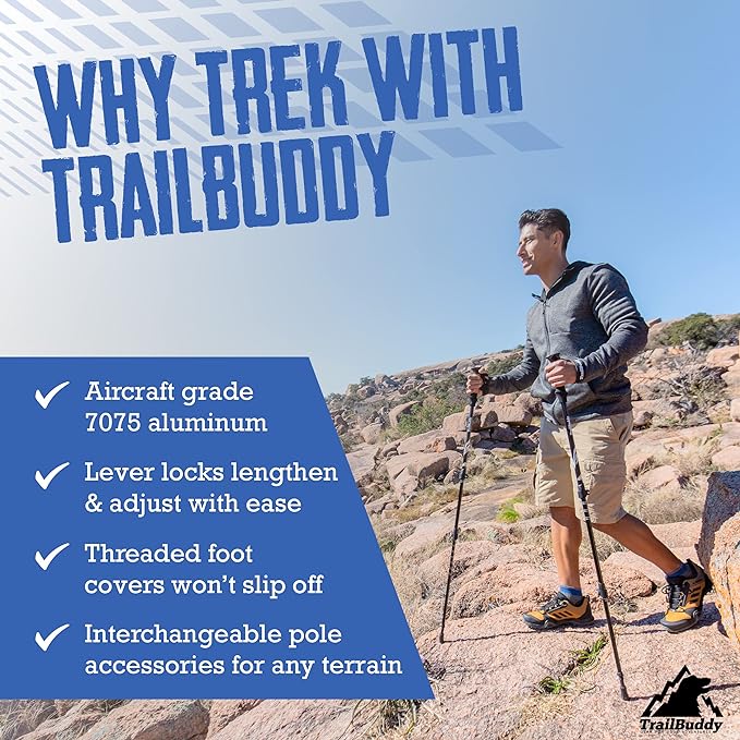 TrailBuddy Trekking Poles - Lightweight, Collapsible Hiking Poles for Snowshoe & Backpacking Gear - Pair of 2 Walking Sticks for Hiking, 7075 Aluminum with Cork Grip