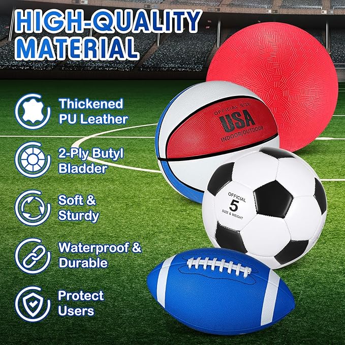 Lenwen 4 Pcs Sports Balls Set, Include Official Size Basketball Soccer Football Playground Ball Pump Equipment Bag Recess Equipment Sport for Teen Adult Gift Back to School