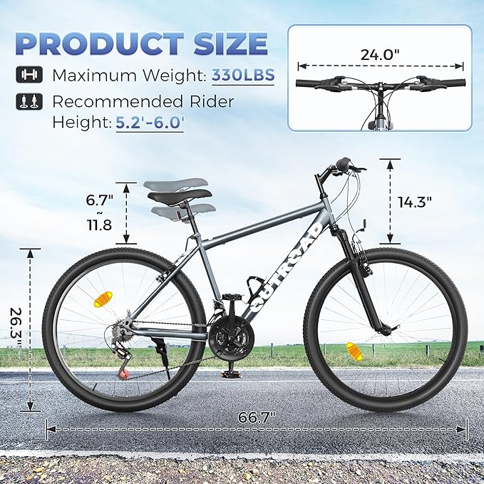 26" Mountain Bike - 1/7-Speed Lightweight High-Carbon Steel Frame, V Brakes & Front Suspension - Adjustable Ergonomic Seat for Men & Women(Quick Assembly, Multiple Colors)