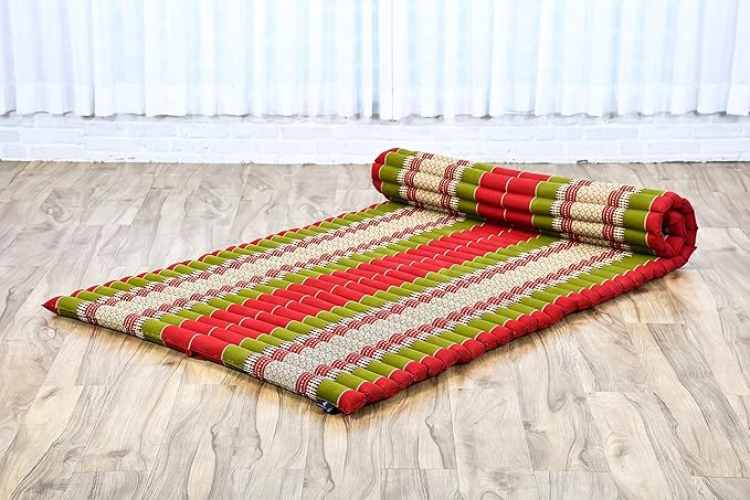 Leewadee - Kapok Roll Mat – Handcrafted Folding Sleep & Relaxation Mattress from Thailand, Ideal as Guest Bed, Camping Mat, Yoga Mat or Traditional Futon, 75 x 39 inches, Green Red