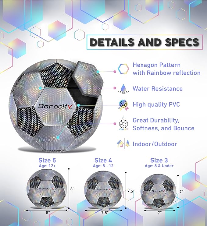 Soccer Ball - Premium Boy and Girl Official Match Ball with Cool Reflective Iridescent Rainbow Hex Pattern, Durable, Indoor, Outdoor, Training, Practice, Playtime and Games