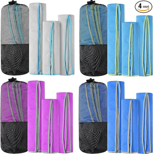 Xinnun 4 Pack Microfiber Camping Towel - Quick Dry Towel 3 Size 4 Black Mesh Bags 12 Travel Towels for Beach Camping Hiking Yoga Swim Sports Backpacking