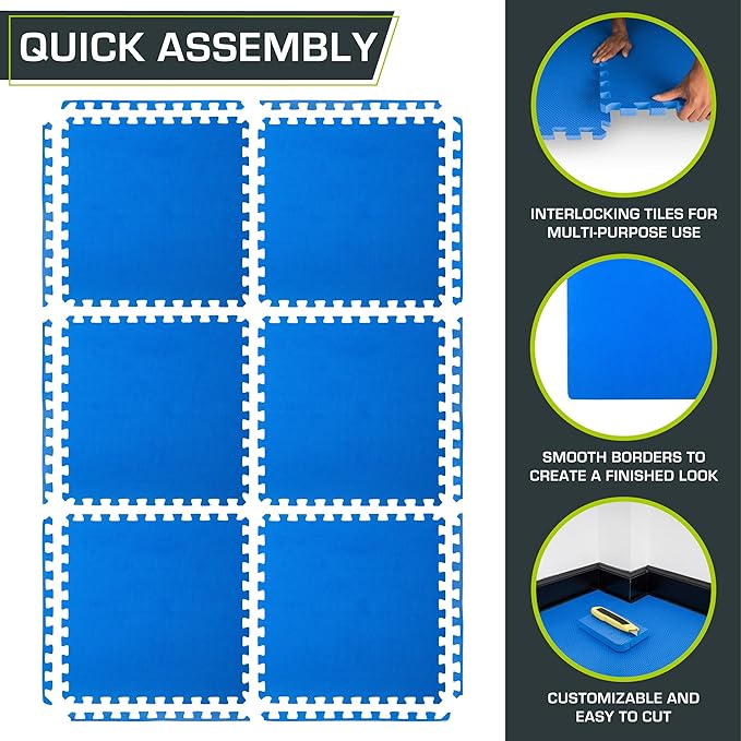 ProsourceFit Extra Thick Puzzle Exercise Mat , EVA Foam Interlocking Tiles for Protective, Cushioned Workout Flooring for Home and Gym Equipment, Blue - 3/4 inch - 24 Sq Ft - 6 Tiles