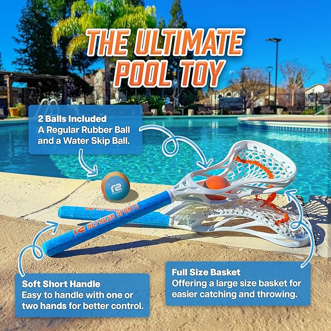 Mini Toss Lacrosse Set โ The Ultimate Game for the Backyard and Pool- Fun Gift for Kids - Comes with Water Skipping Ball & Rubber Ball - Comes with Full Size Large Basket for Easier to Catch & Throw