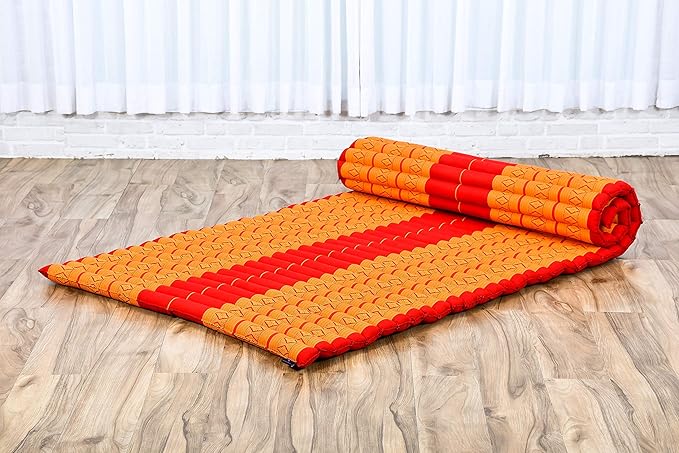 Leewadee - Kapok Roll Mat – Handcrafted Folding Sleep & Relaxation Mattress from Thailand, Ideal as Guest Bed, Camping Mat, Yoga Mat or Traditional Futon, 75 x 39 inches, Orange Red