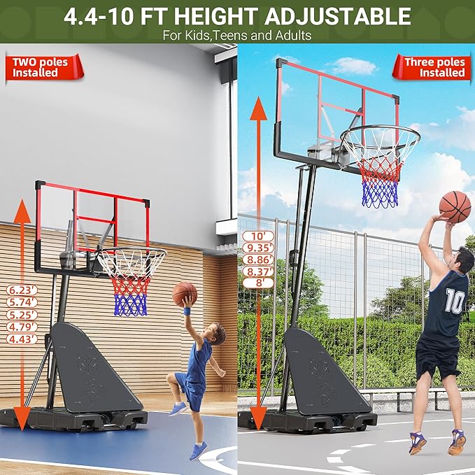 Basketball Hoop Outdoor 4.4-10FT Adjustable Kids Basketball Hoop Indoor Basketball Goal 45’’PC Shatterproof Backboard Portable Toddler Basket Ball Hoop for Kids/Adult Basketball Accessories Net