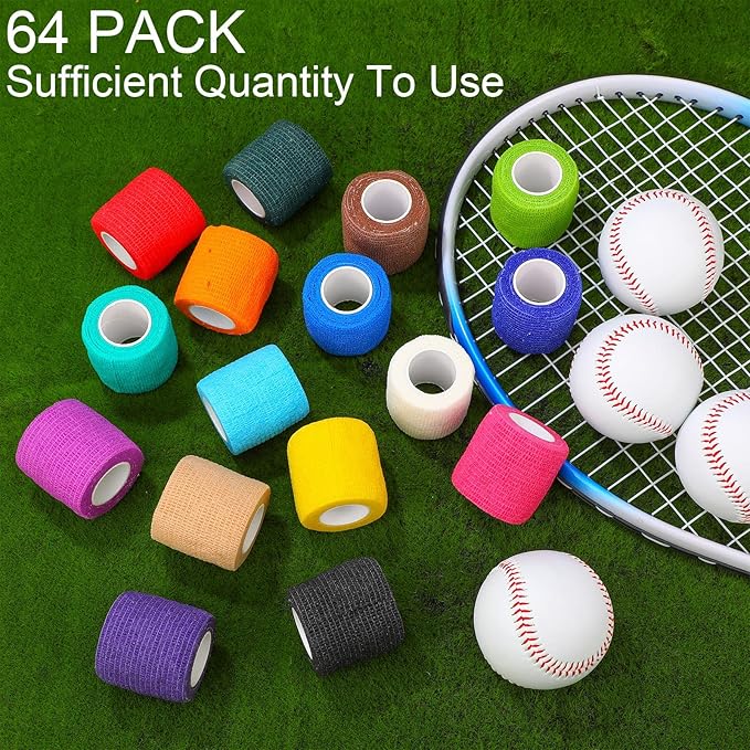 Treela 64 Pack 2" x 5 Yards Self Adhesive Cohesive Bandage Wraps, Elastic Breathable Athletic Tape, Flexible Self Adherent Bandage Rolls for Wrist, Ankle, Fingers, Sports & Pets (Multi Color)