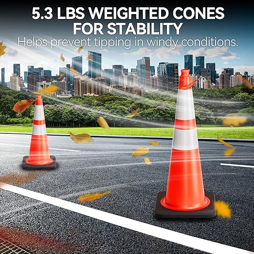 28 Inch Traffic Cones with Heavy Weighted Base (8 Pack) - Orange Safety Cones with Reflective Collars for Parking Lots, Road Construction, and Event Control