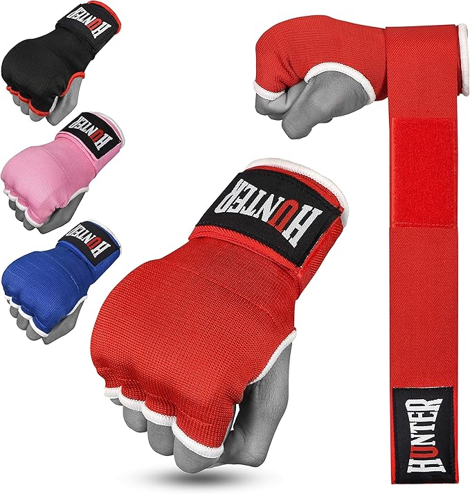 HUNTER Gel Padded Inner Gloves with Hand Wraps for Boxing, Quick Elastic Training Wraps for Men & Women, Muay Thai MMA Kickboxing Martial Arts Knuckle Wrist Protector (Pair)
