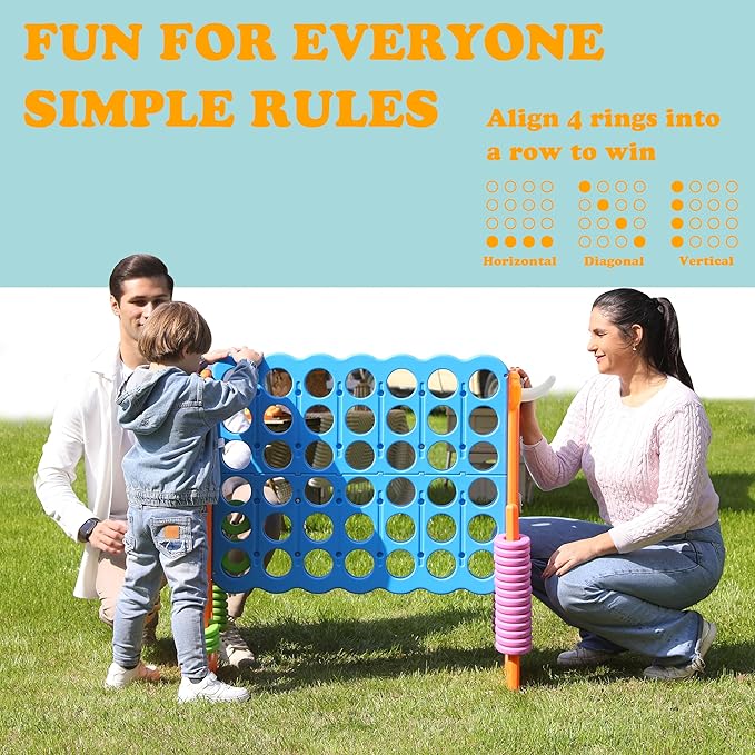 SDADI Height Adjustable Giant 4 in a Row Connect Game, 2-in-1 Jumbo 4-to-Score Game with Ring Toss Game Set, Indoor Outdoor Yard Game Party Game for Kids Adults and Family, Orange