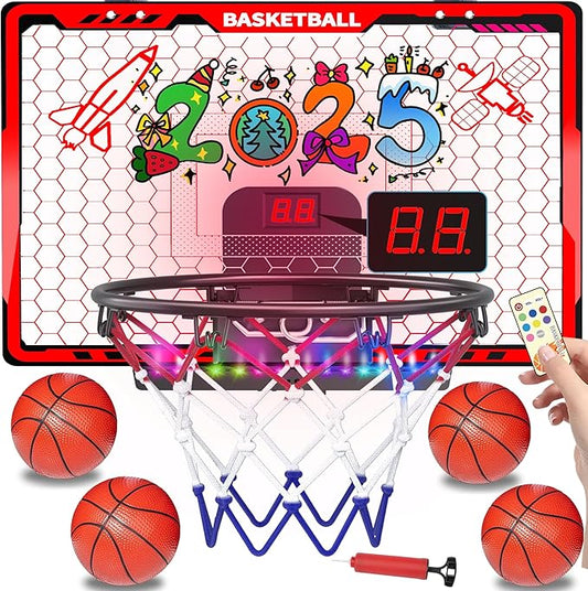 Awsoo Basketball Hoop Indoor for Kids,Mini Basketball Hoop with Colorful Light Bar,Scoreboard& 4 Basketballs, Basketball Toys Gifts for 3 4 5 6 7 8 9 10 11 12 Year Old Boys Girls (Red)