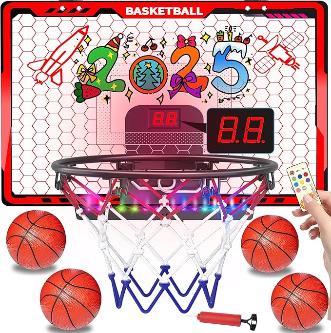Awsoo Basketball Hoop Indoor for Kids,Mini Basketball Hoop with Colorful Light Bar,Scoreboard& 4 Basketballs, Basketball Toys Gifts for 3 4 5 6 7 8 9 10 11 12 Year Old Boys Girls (Red)