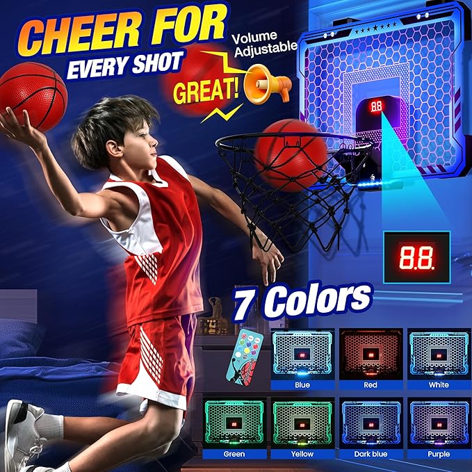 ropoda Indoor Basketball Hoop, Mini Hoop with Remote Controll, 7 LED Lights, 3 Modes Scoreboard, Mini Hoop with 4 Balls Over The Door, Basketball Hoop Indoor, Toys Gifts for Kids Adults