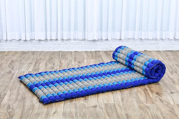 Leewadee - Foldable Floor Mattress - Japanese Roll Up Futon -Trifold Tatami Mat- Guest Floor Bed - Camping Mattress - Thai Massage Mat, Kapok Filled, 75 x 28 inches, Blue