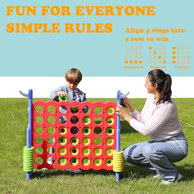SDADI Height Adjustable Giant 4 in a Row Connect Game, 2-in-1 Jumbo 4-to-Score Game with Ring Toss Game Set, Indoor Outdoor Yard Game Party Game for Kids Adults and Family, Blue