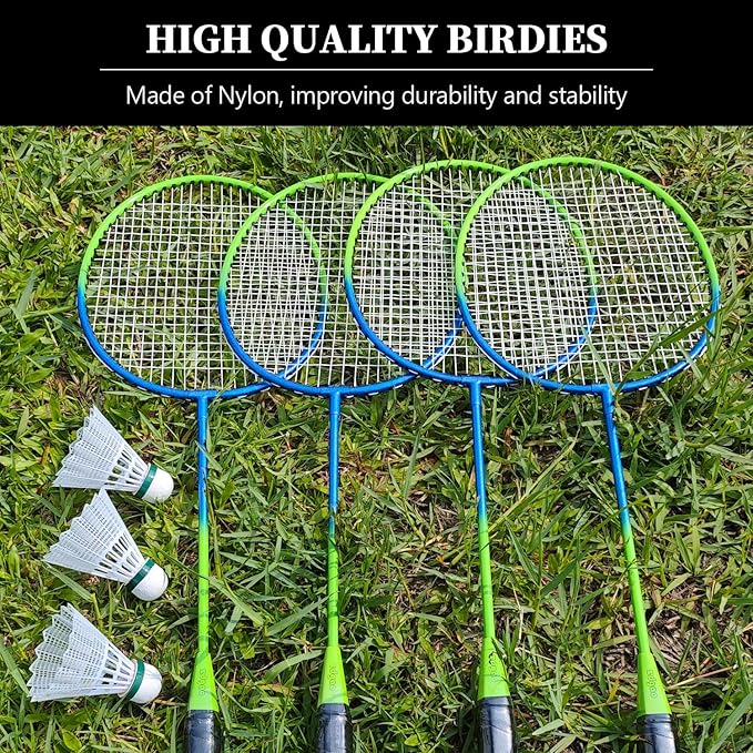 Zdgao Badminton Sets for Backyard, Portable Badminton Net with Tension Adjuster, Badminton Racket Set of 4, 3 Nylon Shuttlecocks, Boundary Line and Carry Bag for Backyard Beach Family Games