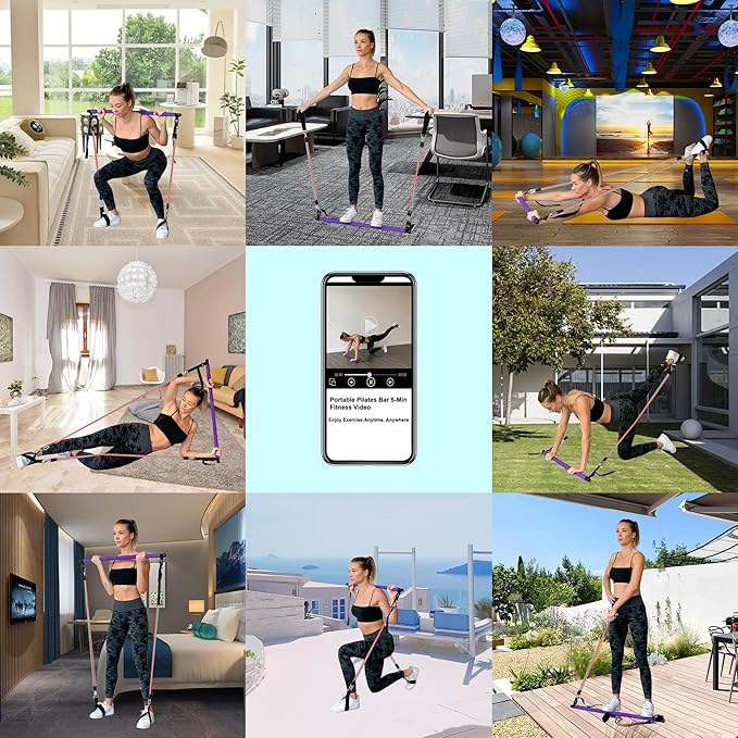 Portable Pilates Bar Kit with Resistance Bands for Men and Women - 3 Set Exercise Resistance Bands - Multifunctional Home Gym - Supports Full-Body Workouts – with Fitness Poster and Video