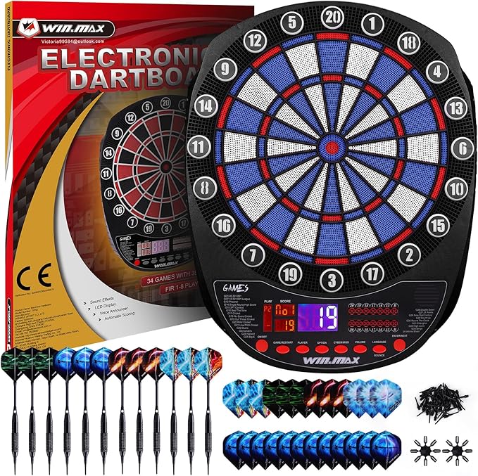 WIN.MAX Electronic Dart Board Soft Tip Dartboard Set LED Displays 3 Languages with 12 Darts 100 Tips Power Adapter