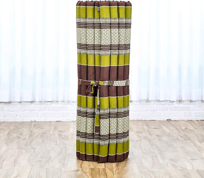 Leewadee - Kapok Roll Mat – Handcrafted Folding Sleep & Relaxation Mattress from Thailand, Ideal as Guest Bed, Camping Mat, Yoga Mat or Traditional Futon, 75 x 39 inches, Brown Green