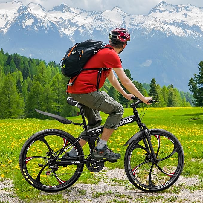 Outroad 26 Inch Folding Mountain Bike, 21 Speed Full Suspension High-Carbon Steel MTB Foldable Bicycle, Dual Disc Brake Non-Slip Folding Bikes for Adults/Men/Women, Black, Orange and Green