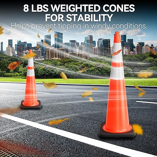 36 Inch Traffic Cones with Heavy Weighted Base (6 Pack) - Orange Safety Cones with Reflective Collars for Parking Lots, Road Construction, and Event Control