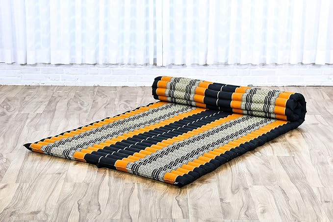 Leewadee - Kapok Roll Mat – Handcrafted Folding Sleep & Relaxation Mattress from Thailand, Ideal as Guest Bed, Camping Mat, Yoga Mat or Traditional Futon, 75 x 39 inches, Black Orange