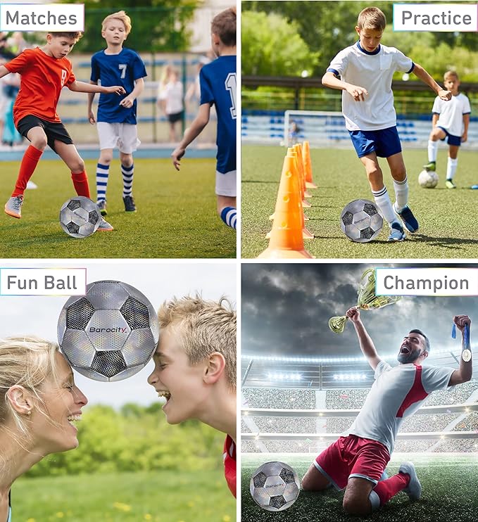 Soccer Ball - Premium Boy and Girl Official Match Ball with Cool Reflective Iridescent Rainbow Hex Pattern, Durable, Indoor, Outdoor, Training, Practice, Playtime and Games