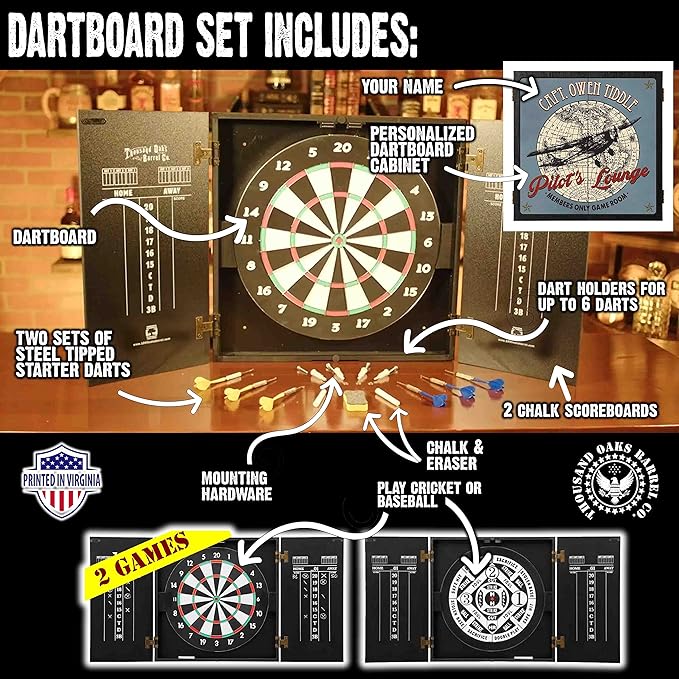THOUSAND OAKS BARREL CO. | Personalized Dartboard & Cabinet Set with 6 Steel Tip Darts