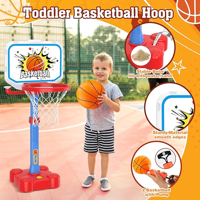 4 in 1 Toddler Basketball Hoop and T Ball Set, Toss Ring Game Kids Toys, Adjustable Height Kids Basketball Hoop Pool Toys Indoor Outdoor Sports, Gifts for Boys Girls Outdoor Toys for Toddlers 3-5 2-4
