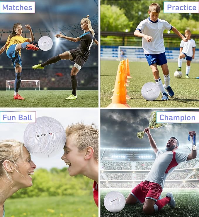 Soccer Ball - Premium Boy and Girl Official Match Ball with Cool Reflective Iridescent Rainbow Hex Pattern, Durable, Indoor, Outdoor, Training, Practice, Playtime and Games