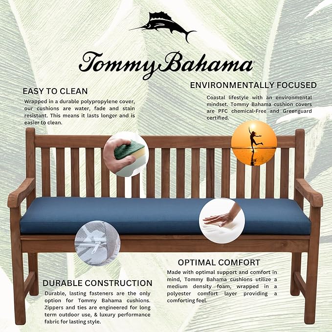 Tommy Bahama Bench Cushion, 48" X 16" X 2.5", Bamboo Bay Cobalt