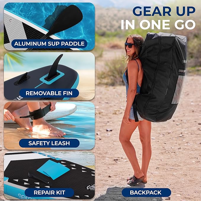 SereneLife Inflatable Stand Up Paddle Board, Wide Stable Design with Non-Slip EVA Deck Pad, Includes Premium SUP Accessories, for Youth and Adults