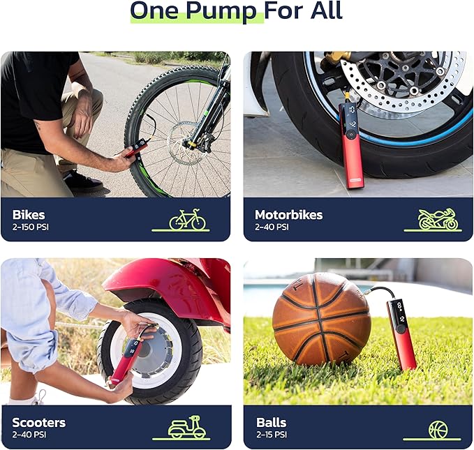 Woowind BP188 Bike Pump, The Pro Electric Bicycle Pump Tire Inflator Portable Air Compressor with Schrader, Presta and Dunlop Valve Adapters - 120~150PSI Options