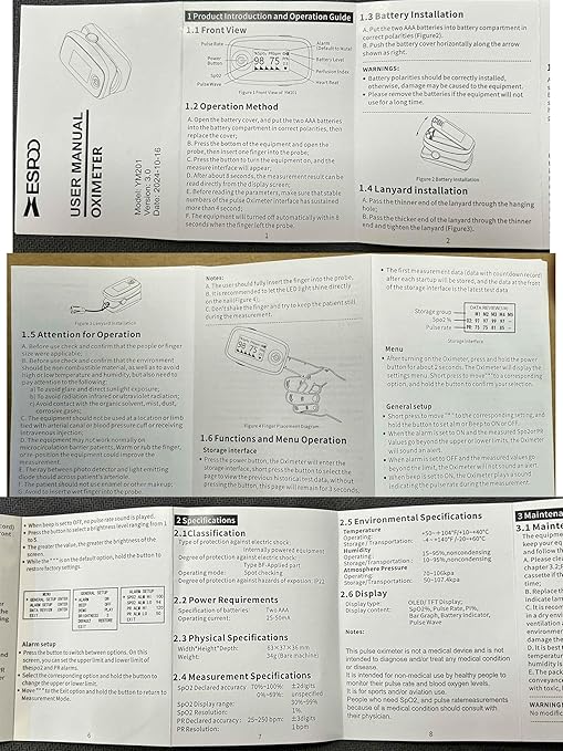 ESPOO Pulse Oximeter with 20 Memory, Oxygen Monitor Fingertip 4 Color TFT Display(SPO2), Alarm & Brightness Adjustable, Batteries & Lanyard Include(White&Black)